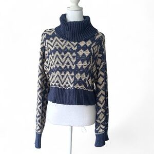 Navy and Cream Patterned Turtleneck Sweater Small